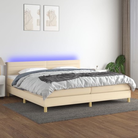 Cama box spring con colchón y LED tela crema 200x200 cm de , Camas y somieres - Ref: Foro24-3133826, Precio: 554,29 €, Descue...