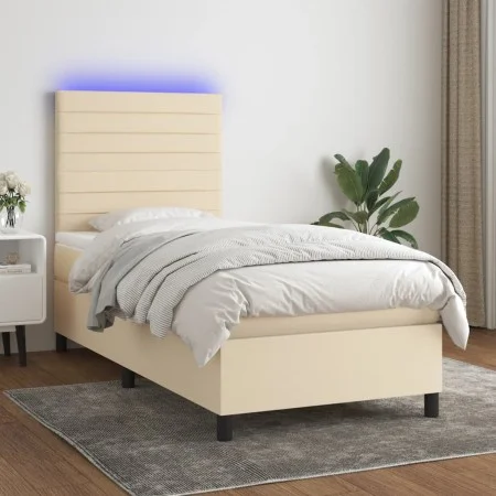 Box spring bed mattress and LED lights cream fabric 100x200 cm by , Beds and slatted bases - Ref: Foro24-3134938, Price: 346,...