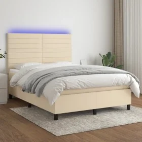 Cama box spring colchón y luces LED tela crema 140x190 cm de , Camas y somieres - Ref: Foro24-3134954, Precio: 483,29 €, Desc...