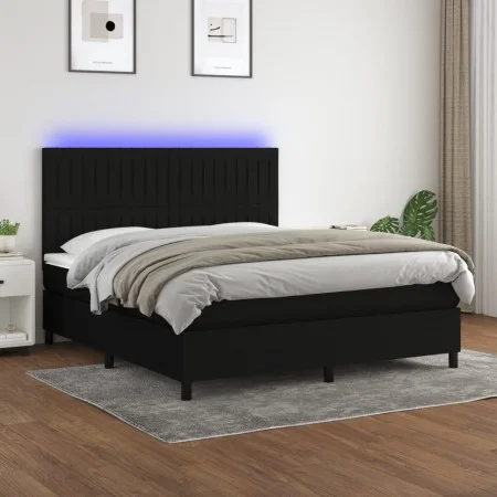 Box spring bed mattress and LED lights black fabric 160x200 cm by , Beds and slatted bases - Ref: Foro24-3135047, Price: 565,...