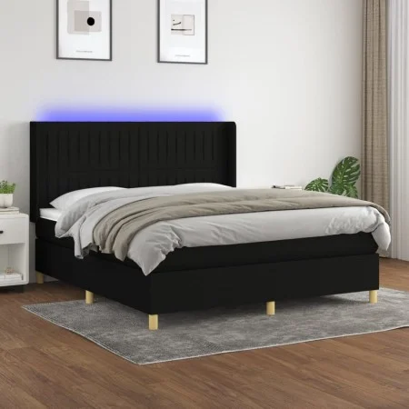 Box spring bed mattress and LED lights black fabric 160x200 cm by , Beds and slatted bases - Ref: Foro24-3139047, Price: 596,...
