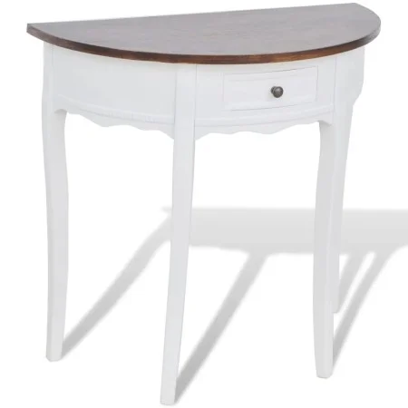 Mesa consola semicircular con cajón blanca y superficie marrón de vidaXL, Mesas auxiliares - Ref: Foro24-241531, Precio: 138,...