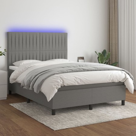 Cama box spring colchón y luces LED tela gris oscuro 140x200 cm de , Camas y somieres - Ref: Foro24-3135038, Precio: 509,59 €...
