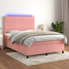 Cama box spring colchón y LED terciopelo rosa 140x190 cm de , Camas y somieres - Ref: Foro24-3136244, Precio: 512,83 €, Descu...
