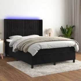 Box spring bed with mattress and LED black velvet 140x200 cm by , Beds and slatted bases - Ref: Foro24-3139687, Price: 473,30...