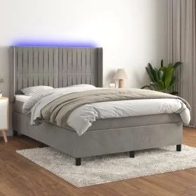 Cama box spring colchón y LED terciopelo gris claro 140x190 cm de , Camas y somieres - Ref: Foro24-3139679, Precio: 580,67 €,...