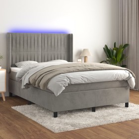 Cama box spring colchón y LED terciopelo gris claro 140x200 cm de , Camas y somieres - Ref: Foro24-3139685, Precio: 520,93 €,...