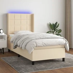 Box spring bed mattress and LED lights cream fabric 90x200 cm by , Beds and slatted bases - Ref: Foro24-3138290, Price: 332,9...