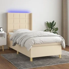 Box spring bed mattress and LED lights cream fabric 90x190 cm by , Beds and slatted bases - Ref: Foro24-3138842, Price: 356,1...