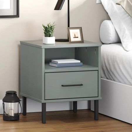 Mesita de noche patas de metal madera maciza pino gris OSLO de vidaXL, Mesitas de noche - Ref: Foro24-350971, Precio: 63,39 €...