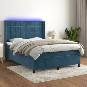 Box spring bed with mattress and LED dark blue velvet 140x190 cm by , Beds and slatted bases - Ref: Foro24-3139563, Price: 48...