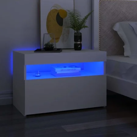 Mesita de noche con luces LED contrachapada blanco 60x35x40 cm de , Mesitas de noche - Ref: Foro24-3082774, Precio: 44,64 €, ...