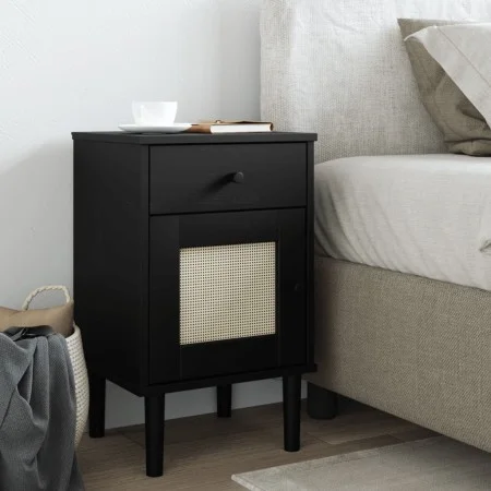 Mesita noche SENJA aspecto ratán madera pino negro 40x35x65 cm de , Mesitas de noche - Ref: Foro24-358015, Precio: 59,18 €, D...