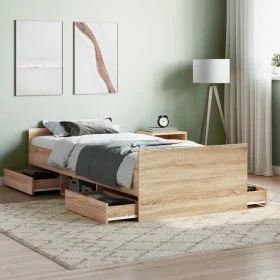 Estructura de cama con cabecero piecero roble Sonoma 100x200 cm de , Camas y somieres - Ref: Foro24-3203798, Precio: 185,47 €...