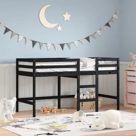 Cama alta de niños escalera madera maciza pino negra 90x200 cm de vidaXL, Camas y somieres - Ref: Foro24-835891, Precio: 175,...