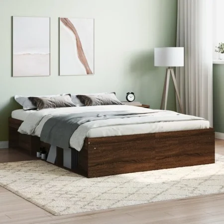 Estructura de cama de matrimonio roble marrón 135x190 cm de vidaXL, Camas y somieres - Ref: Foro24-3203914, Precio: 148,48 €,...