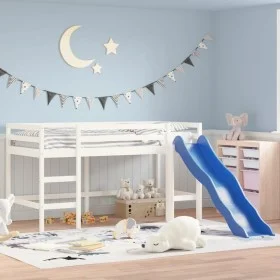 Cama alta de niños con tobogán madera maciza blanca 90x200 cm de , Camas y somieres - Ref: Foro24-835908, Precio: 304,21 €, D...