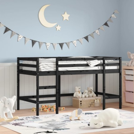 Cama alta de niños escalera madera maciza pino negra 90x200 cm de , Camas y somieres - Ref: Foro24-835900, Precio: 182,73 €, ...