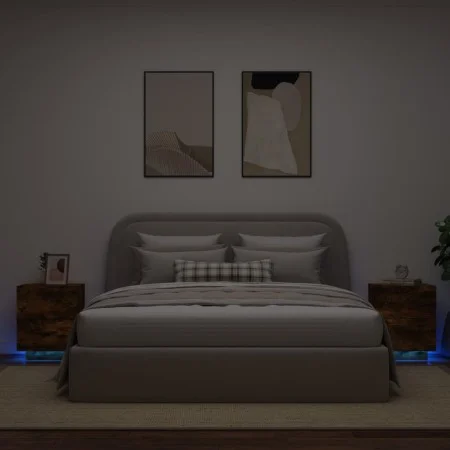 Mesita de noche luces LED 2 uds madera ingeniería roble ahumado de , Mesitas de noche - Ref: Foro24-836744, Precio: 108,98 €,...