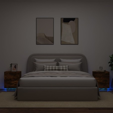 Mesita de noche luces LED 2 uds madera ingeniería roble ahumado de , Mesitas de noche - Ref: Foro24-836744, Precio: 110,67 €,...