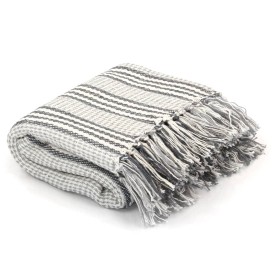 Manta a rayas de algodón gris y blanco 125x150 cm de vidaXL, Mantas - Ref: Foro24-245327, Precio: 20,05 €, Descuento: %