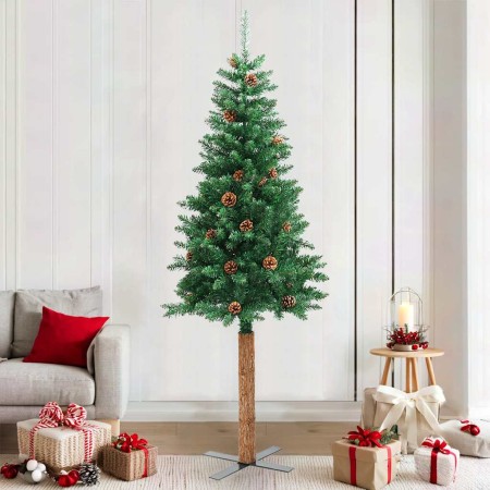 Árbol de Navidad delgado madera auténtica y piñas PVC 210 cm en Decoración Festiva y Estacional | Comprar online en Foru.es