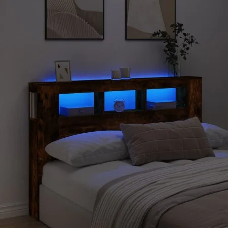 Cabecero LED madera ingeniería roble ahumado 160x18,5x103,5 cm de , Cabeceros y pies de cama - Ref: Foro24-837355, Precio: 85...