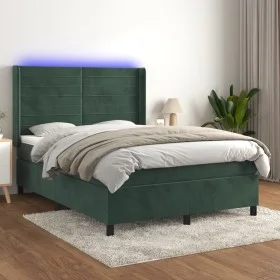 Cama box spring colchón y LED terciopelo verde oscuro 140x200cm de , Camas y somieres - Ref: Foro24-3139628, Precio: 507,28 €...