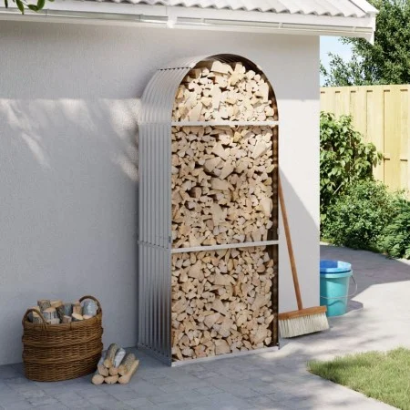 Leñero de acero galvanizado plateado 80x45x190 cm de , Bolsas y soportes de leña - Ref: Foro24-364590, Precio: 56,08 €, Descu...