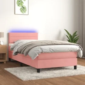 Box spring bed with mattress and LED pink velvet 90x200 cm by , Beds and slatted bases - Ref: Foro24-3134446, Price: 292,78 €...