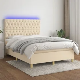 Box spring bed mattress and LED lights cream fabric 140x190 cm by , Beds and slatted bases - Ref: Foro24-3135674, Price: 535,...