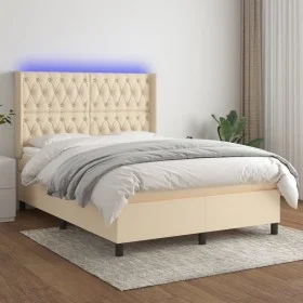 Box spring bed mattress and LED lights cream fabric 140x200 cm by , Beds and slatted bases - Ref: Foro24-3138562, Price: 550,...