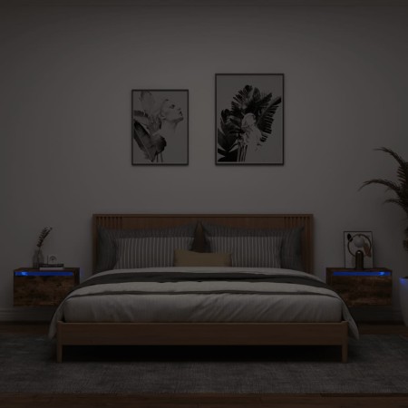 Mesitas de noche de pared con luces LED 2 uds roble ahumado de , Mesitas de noche - Ref: Foro24-836835, Precio: 73,93 €, Desc...