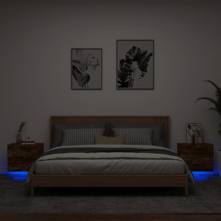 Mesitas de noche de pared con luces LED 2 uds roble ahumado de , Mesitas de noche - Ref: Foro24-836821, Precio: 81,69 €, Desc...