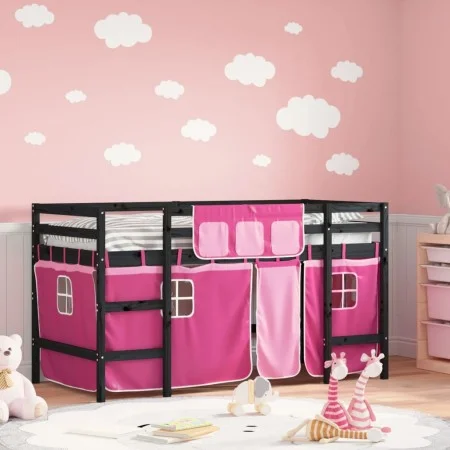 Cama alta para niños con cortinas madera pino rosa 90x200 cm de , Camas y somieres - Ref: Foro24-3206972, Precio: 195,71 €, D...