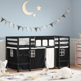 Cama alta niños con cortinas madera pino blanco negro 90x200 cm de , Camas y somieres - Ref: Foro24-3206970, Precio: 199,95 €...