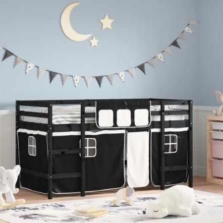 Cama alta niños con cortinas madera pino blanco negro 90x200 cm de , Camas y somieres - Ref: Foro24-3206970, Precio: 199,95 €...