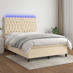 Cama box spring colchón y luces LED tela crema 140x200 cm de , Camas y somieres - Ref: Foro24-3135122, Precio: 544,96 €, Desc...