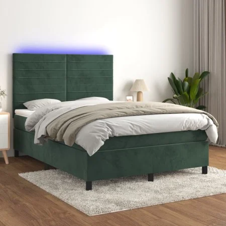 Box spring bed with mattress and LED dark green velvet 140x190cm by , Beds and slatted bases - Ref: Foro24-3136182, Price: 51...