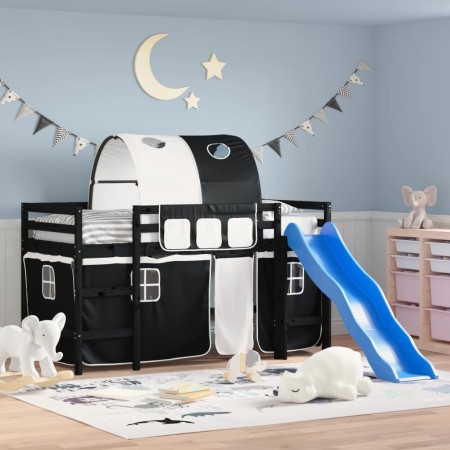 Cama alta niños con túnel madera pino blanco negro 90x190 cm de , Camas y somieres - Ref: Foro24-3207060, Precio: 297,35 €, D...