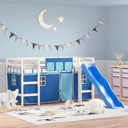 Cama alta para niños con cortinas madera pino azul 90x200 cm de , Camas y somieres - Ref: Foro24-3207022, Precio: 320,23 €, D...