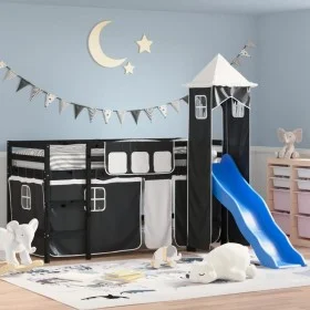 Children's loft bed with black white pine wood tower 80x200 cm by , Beds and slatted bases - Ref: Foro24-3207069, Price: 299,...