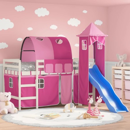 Cama alta para niños con torre madera pino rosa 90x200 cm de , Camas y somieres - Ref: Foro24-3207104, Precio: 348,86 €, Desc...