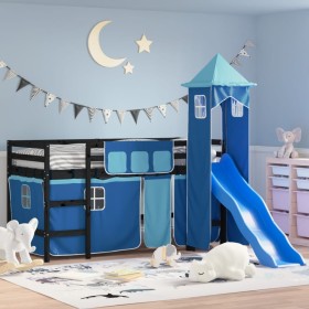 Cama alta para niños con torre madera pino azul 90x190 cm de , Camas y somieres - Ref: Foro24-3207088, Precio: 291,73 €, Desc...