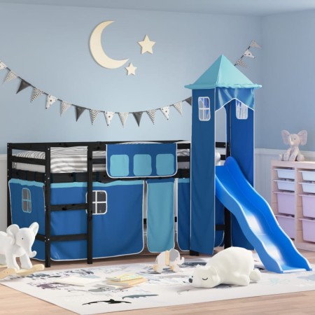 Cama alta para niños con torre madera pino azul 90x190 cm de , Camas y somieres - Ref: Foro24-3207088, Precio: 291,73 €, Desc...