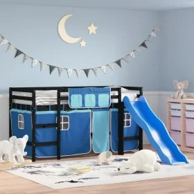 Cama alta para niños con cortinas madera pino azul 90x200 cm de , Camas y somieres - Ref: Foro24-3207025, Precio: 276,76 €, D...