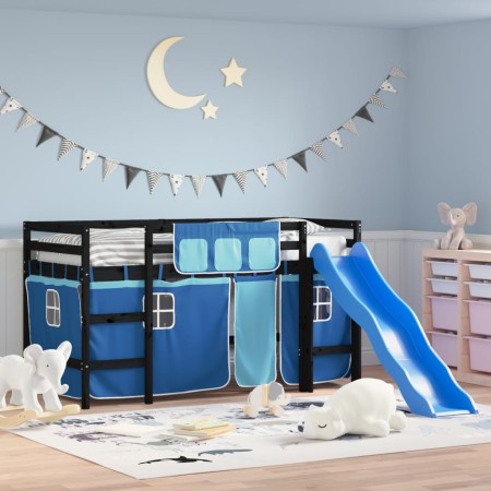 Cama alta para niños con cortinas madera pino azul 90x200 cm de , Camas y somieres - Ref: Foro24-3207025, Precio: 280,62 €, D...