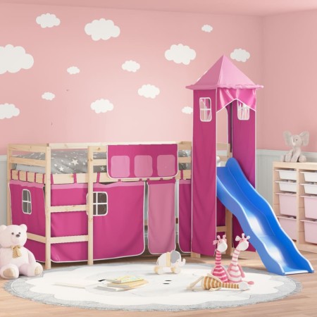 Cama alta para niños con torre madera pino rosa 80x200 cm de , Camas y somieres - Ref: Foro24-3207065, Precio: 283,24 €, Desc...
