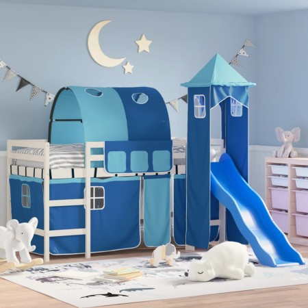 Cama alta para niños con torre madera pino azul 90x200 cm de , Camas y somieres - Ref: Foro24-3207103, Precio: 348,98 €, Desc...