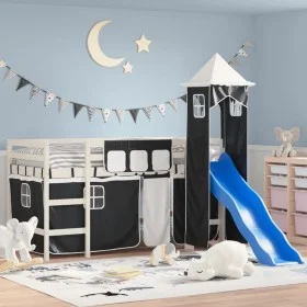 Cama alta niños con torre madera pino blanco negro 90x190 cm de , Camas y somieres - Ref: Foro24-3207084, Precio: 339,70 €, D...
